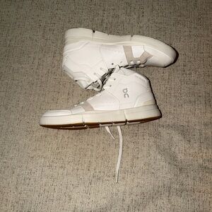 On Running White and Tan High-Top Sneakers